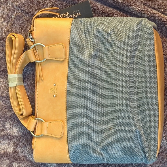 Stone Mountain Tan and Blue Tote Bag with Structured Design - Picture 3 of 4